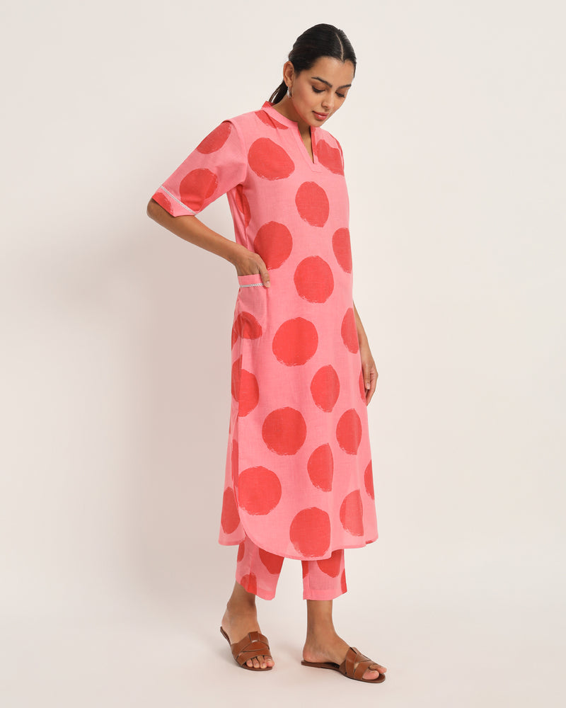 Red and pink polka straight dress/tunic/kurta set with patch pockets