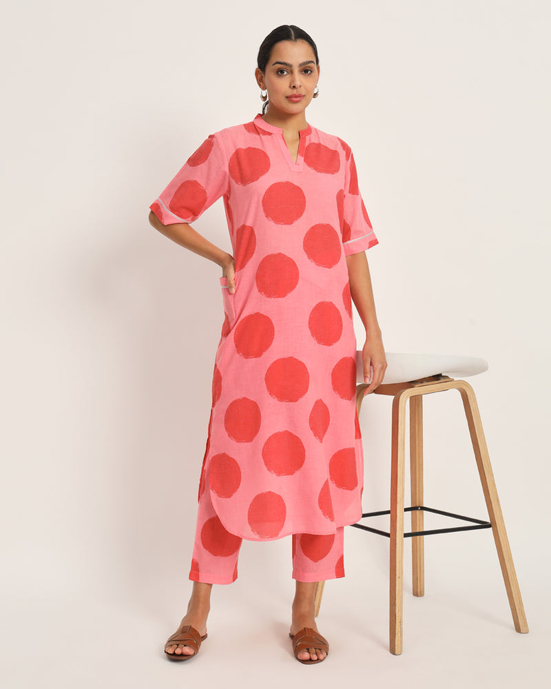 Red and pink polka straight dress/tunic/kurta set with patch pockets