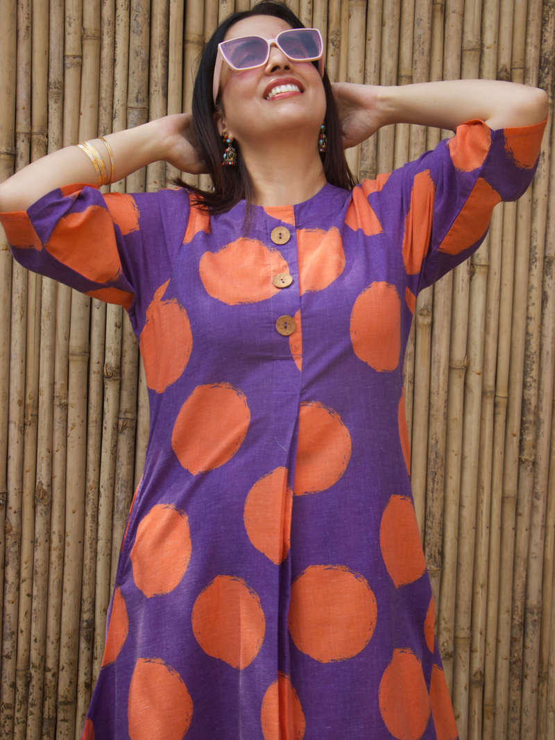 Polka Dot cotton blend loose fit kurta with straight stripe pants in vibrant colors of orange and purple