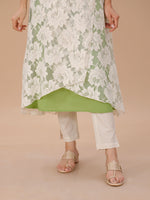 Set Of 3 Sleeveless Green Cotton Straight Kurta With Pant An Off-White Lace Long Shrug