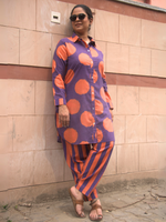 Full sleeves collared kurta in orange and purple kurta paired with stripes in the same color