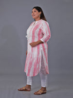 Fabnest Curve Set Of Cotton Pink Shibori Printed Straight Kurta With Lace At Front Placket And White Cotton Straight Pants With Lace Inserts