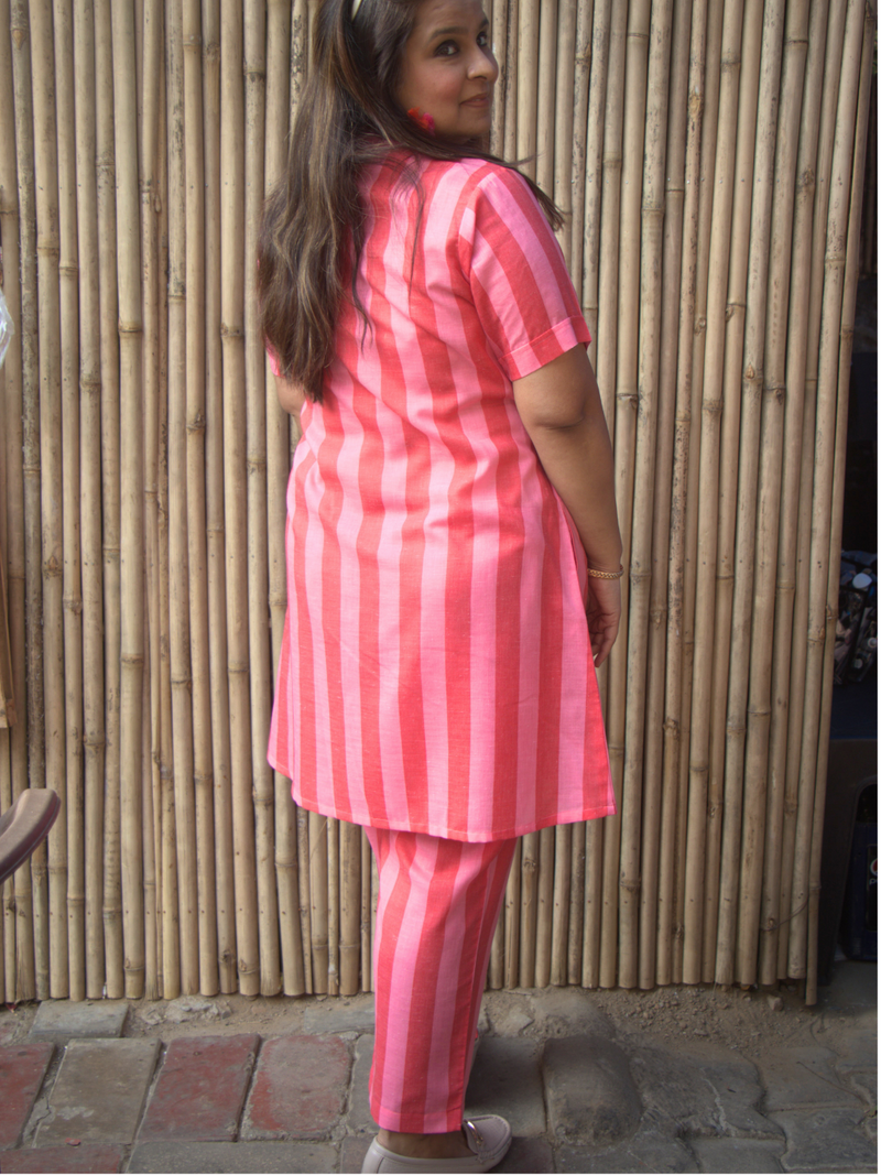 Pink and red stripe collared angarkha coord set in cotton blend fabric