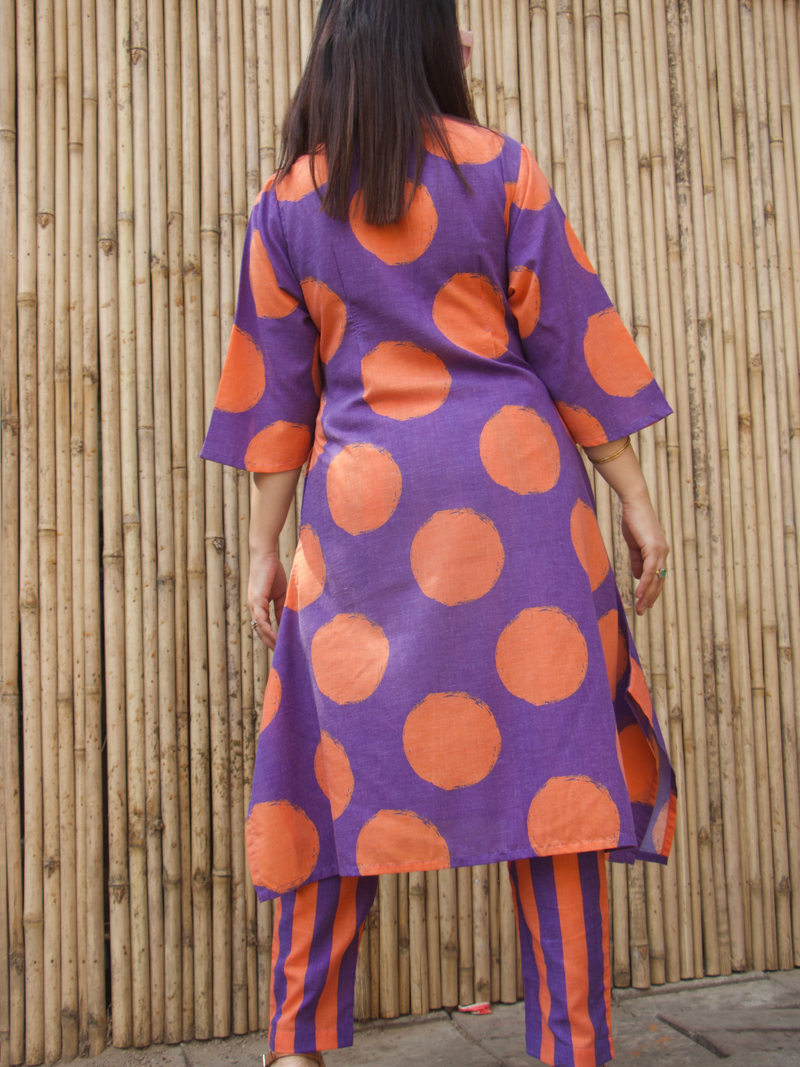 Polka Dot cotton blend loose fit kurta with straight stripe pants in vibrant colors of orange and purple