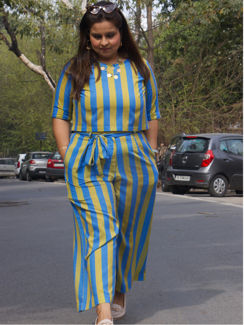 Green an blue stripe co-ord set of a cropped top and straight pants