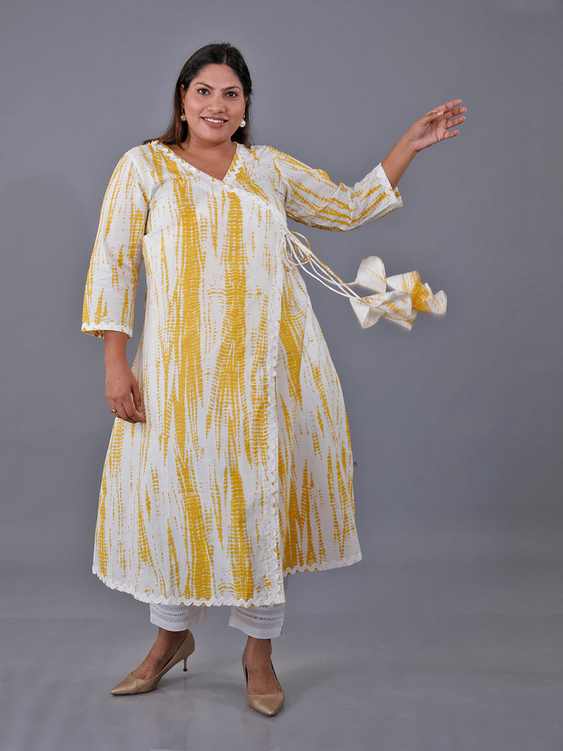 Fabnest Curve Set Of Yellow Shibori Printed Cotton Angarkha Kurta With Detailing Of Ric Rac Lace And White Cotton Straight Pants With Lace Inserts