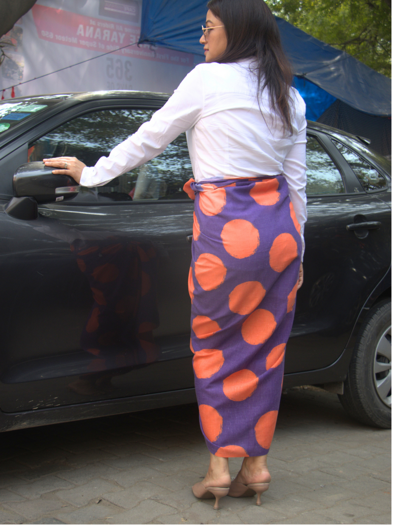 Orange and purple polka dot cotton blend wrap skirt