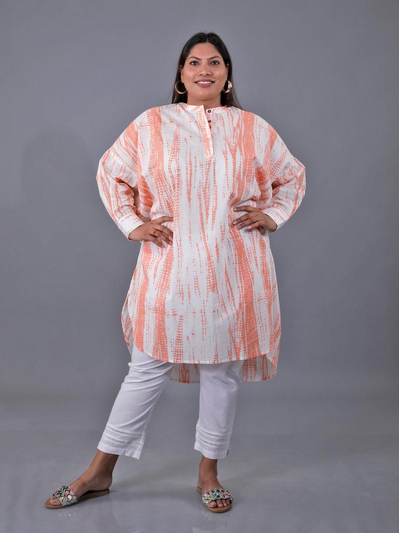 Fabnest Curve Set Of Orange Shibori Printed Loose Fit Tunic And White Cotton Straight Pants With Lace Inserts
