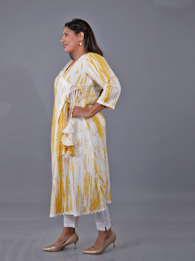 Fabnest Curve Set Of Yellow Shibori Printed Cotton Angarkha Kurta With Detailing Of Ric Rac Lace And White Cotton Straight Pants With Lace Inserts