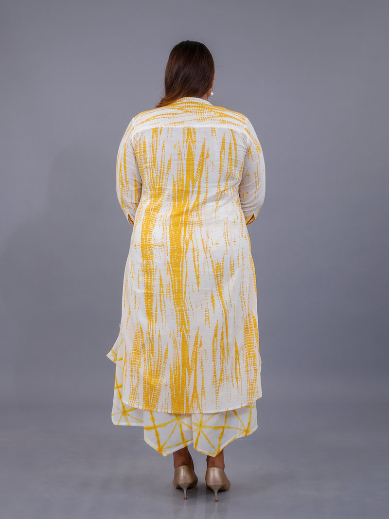 Cotton 2 pc Set of Yellow Shibori Print Straight Kurta With Assymetrical Pants
