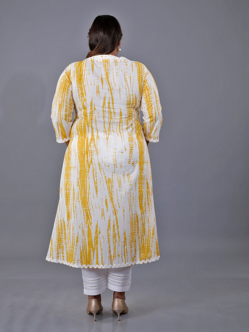 Fabnest Curve Yellow Shibori Printed Cotton Angarkha Kurta Only With Detailing Of Ric Rac Lace
