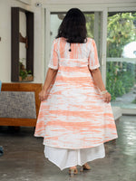 Set Of Orange Shibori Printed Asymmetric Kurta With Lace Detailing With Asymmetrical White Cotton Bottom