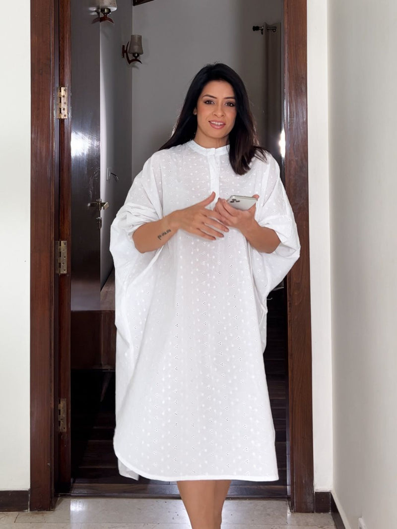 Limited Edition Pure White Cotton Schiffli Embroidered Oversized Dress with Lining