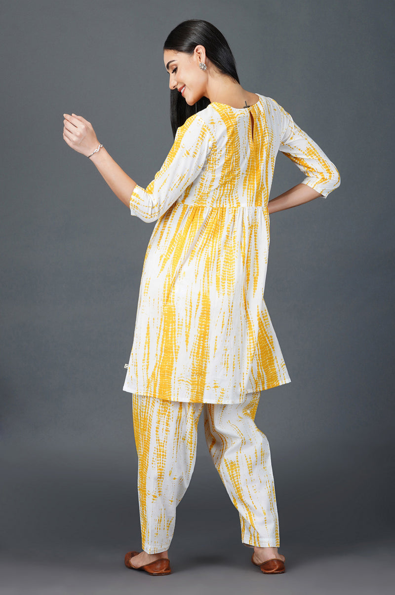 Womens Yellow Shiibori Print Salwar And Kurta Set-Full Sets-Fabnest