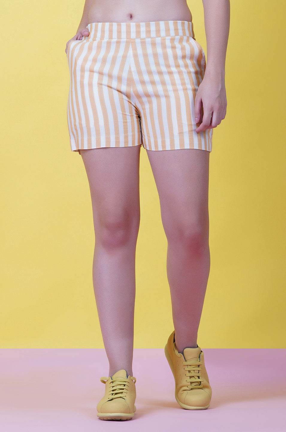 Cotton Yellow Stripe Shorts ONLY-Short Pant-Fabnest