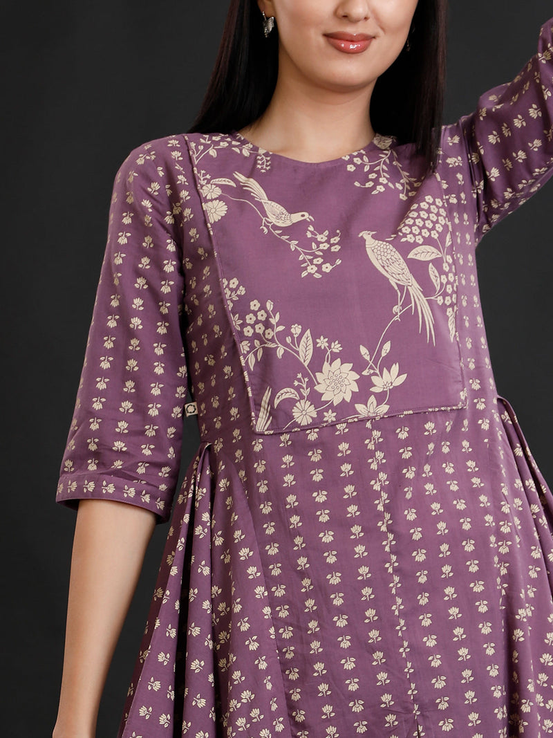 Purple Cotton Discharge Printed With Front Slit Asymmetrical Kurta And Pant Set-Full Sets-Fabnest