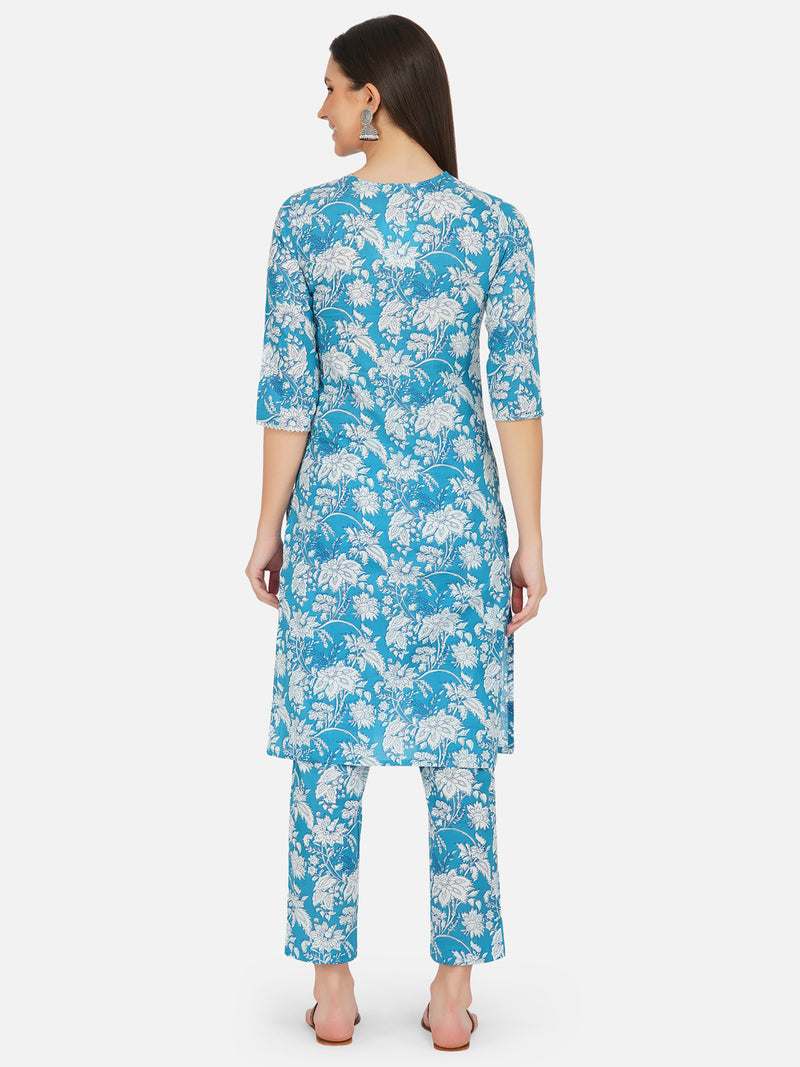 Hand blocked blue floral print straight kurta and pant set with silver gota detail at the neck-Kurta Set-Fabnest