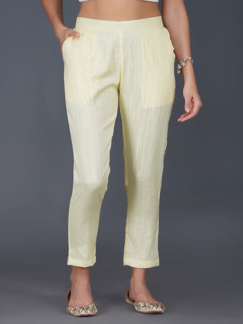 Lemon yellow cotton linen lurex straight pants with pockets-Bottoms-Fabnest