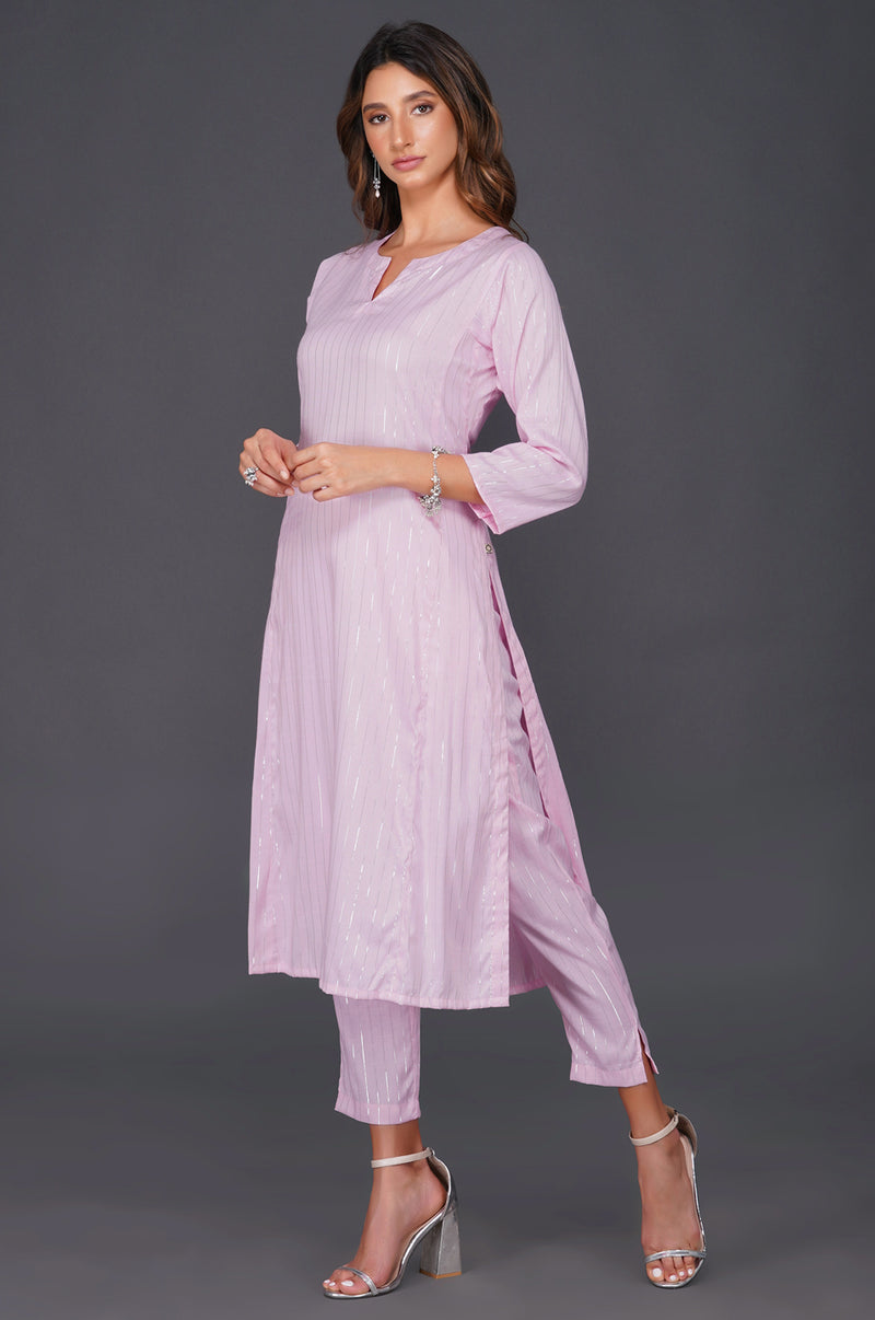 Candy pink cotton linen lurex straight loose fit kurta and coordinated lurex straight pants with pockets-Kurta Set-Fabnest