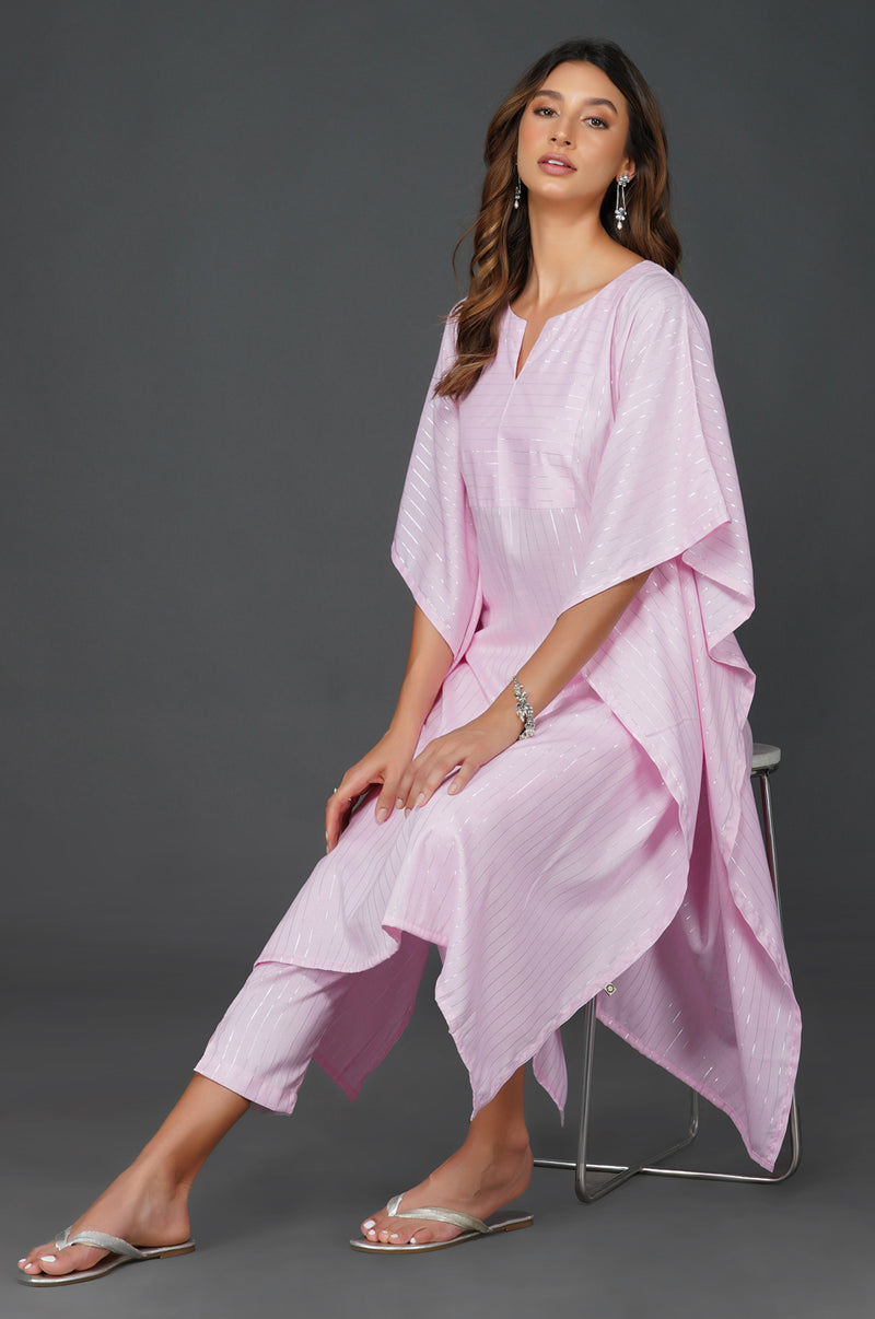 Cotton linen lurex candy pink kaftaan and coordianted straight pants with pockets-Kurta Set-Fabnest