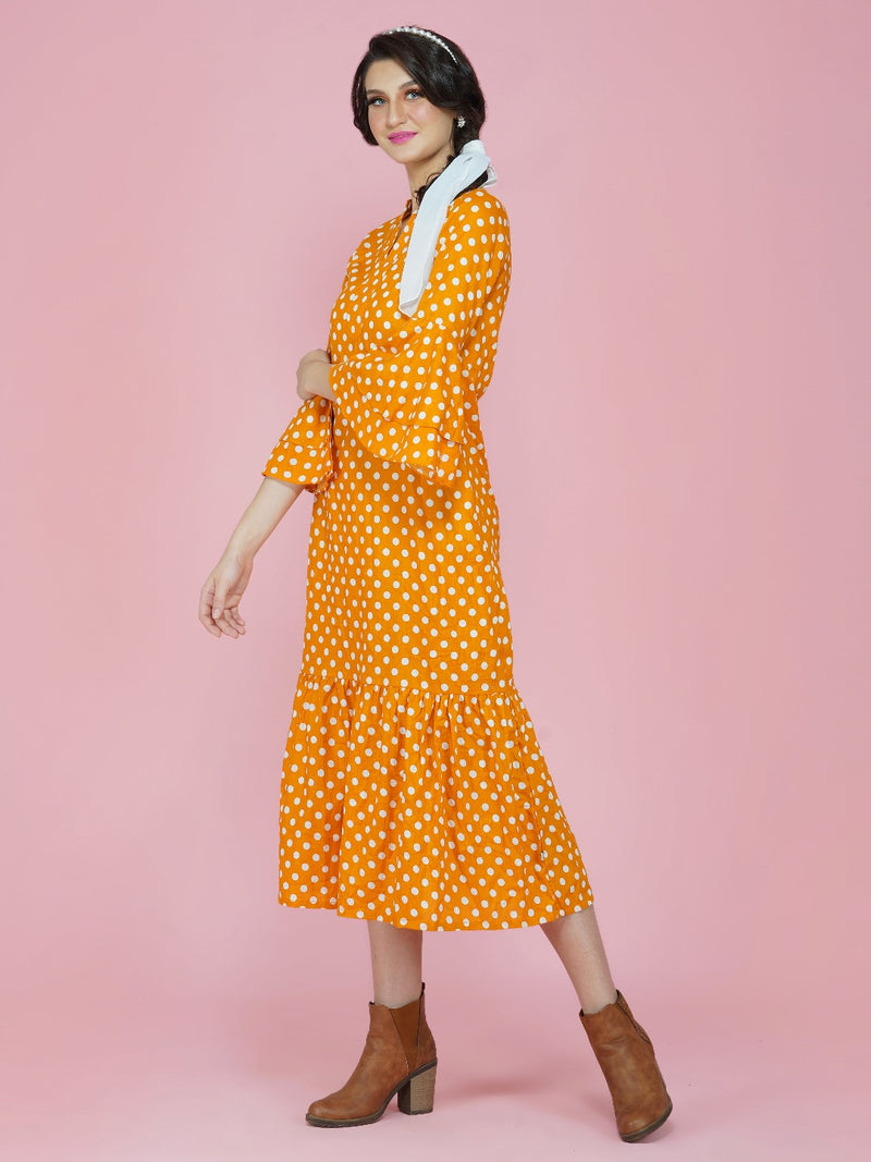 Yellow and white polka dot long dress – Fabnest