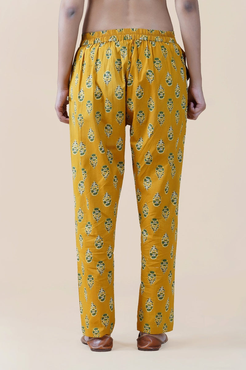 Yellow cotton ajrakh print straight pants-Bottoms-Fabnest