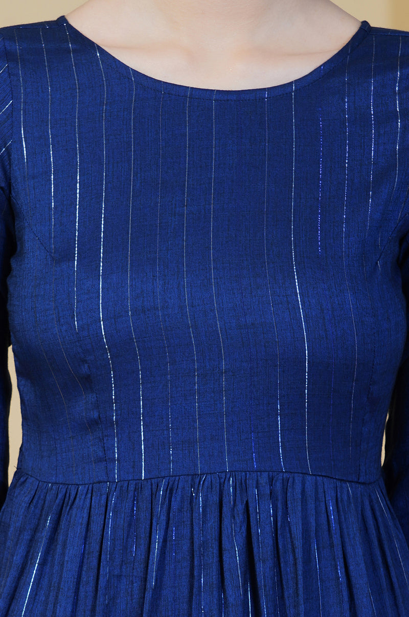 Navy blue linen cotton self design lurex peplum top and sharara set-Kurta Set-Fabnest