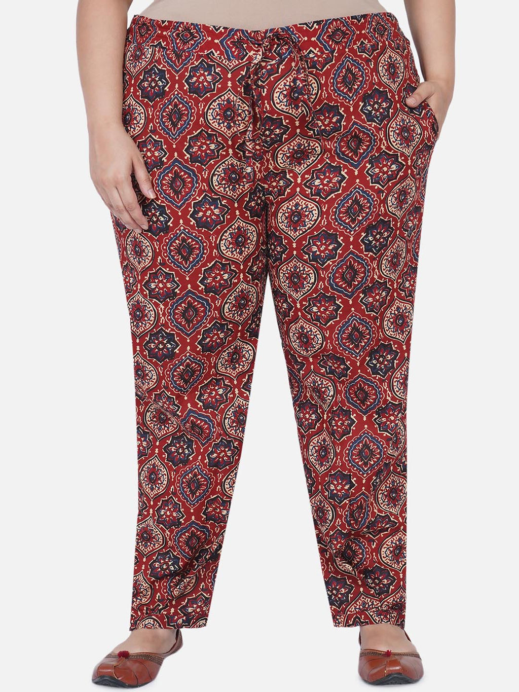 Curve Cotton Red Ajrakh Print Pants With Pleated Bottom-Pant-Fabnest