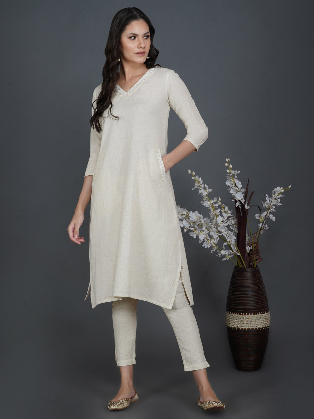 Set of off cotton white flex v neck kurta with lace and co-ordinated flex pant-Kurta Set-Fabnest