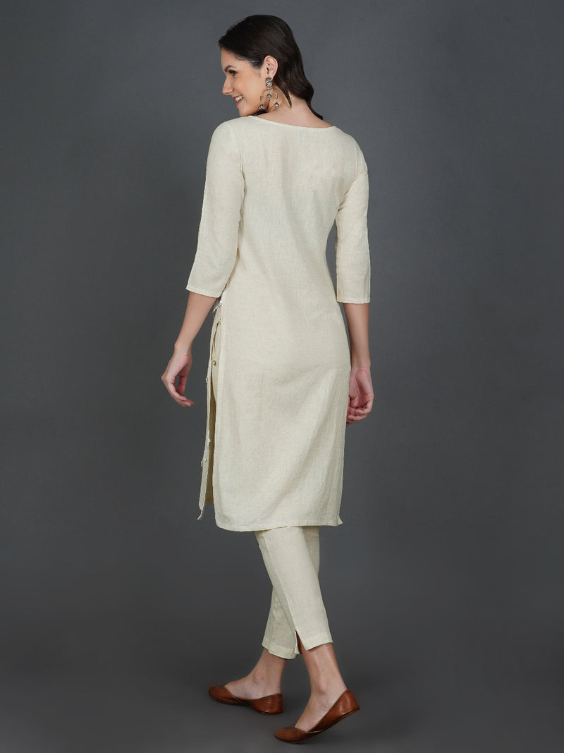 Set of off white cotton flex lace work a line kurta with co-ordinated flex pants-Kurta Set-Fabnest