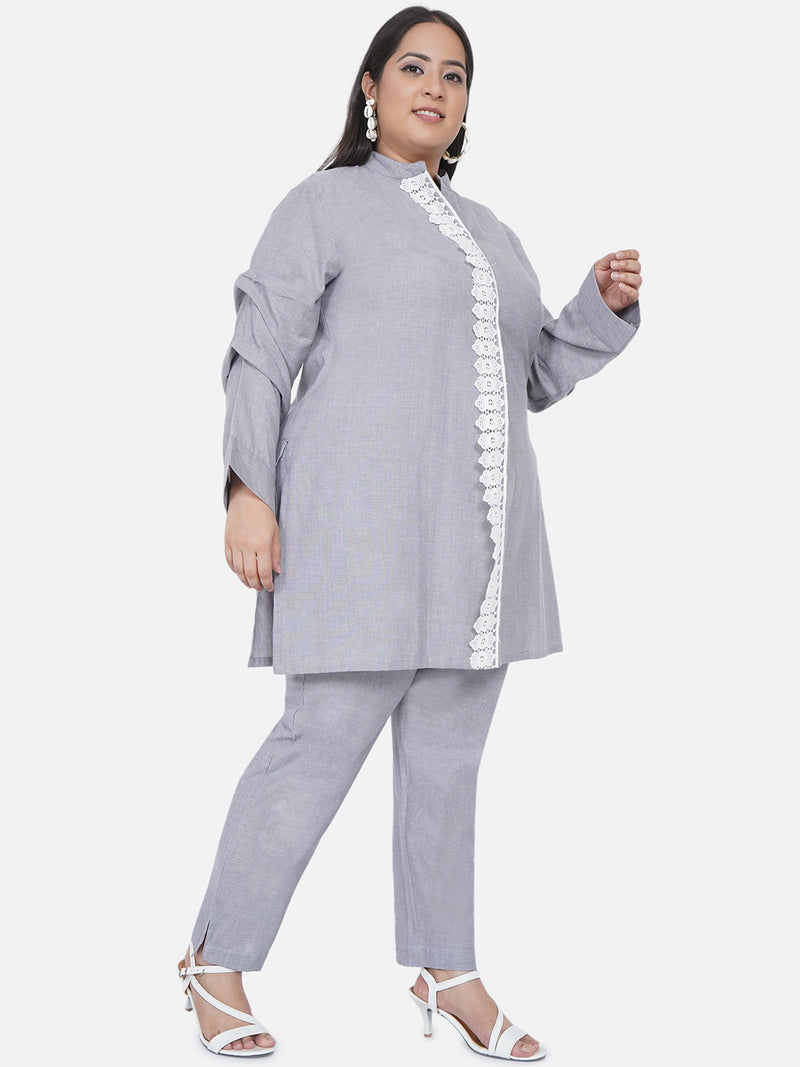 Curve Chambray A Pleat At Front Accented With Lace.Kurta Only-Kurta-Fabnest