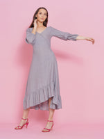 Chambray side tie up assymetrical dress with pinched sleeves-Dresses-Fabnest