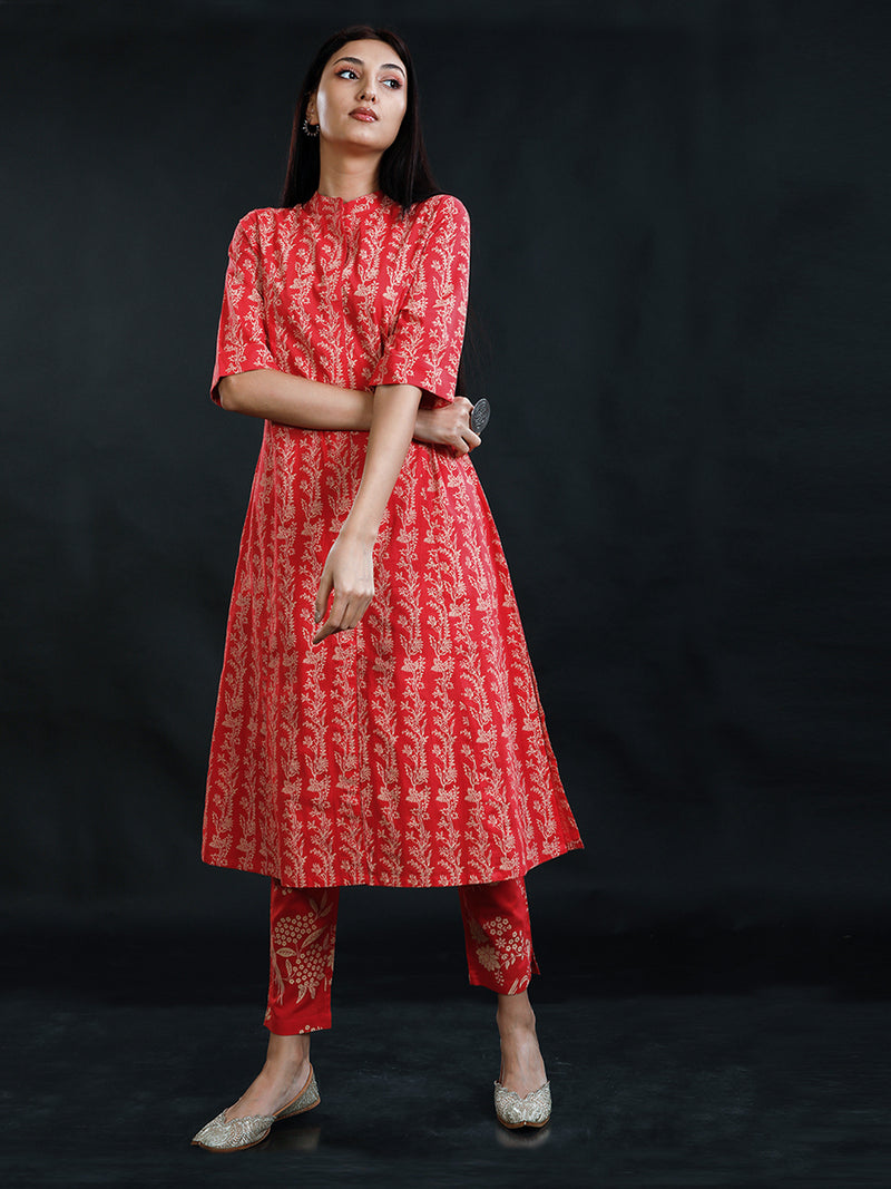 Red Cotton Discharge Printed A Line Kurta And Pant Set-Full Set-Fabnest