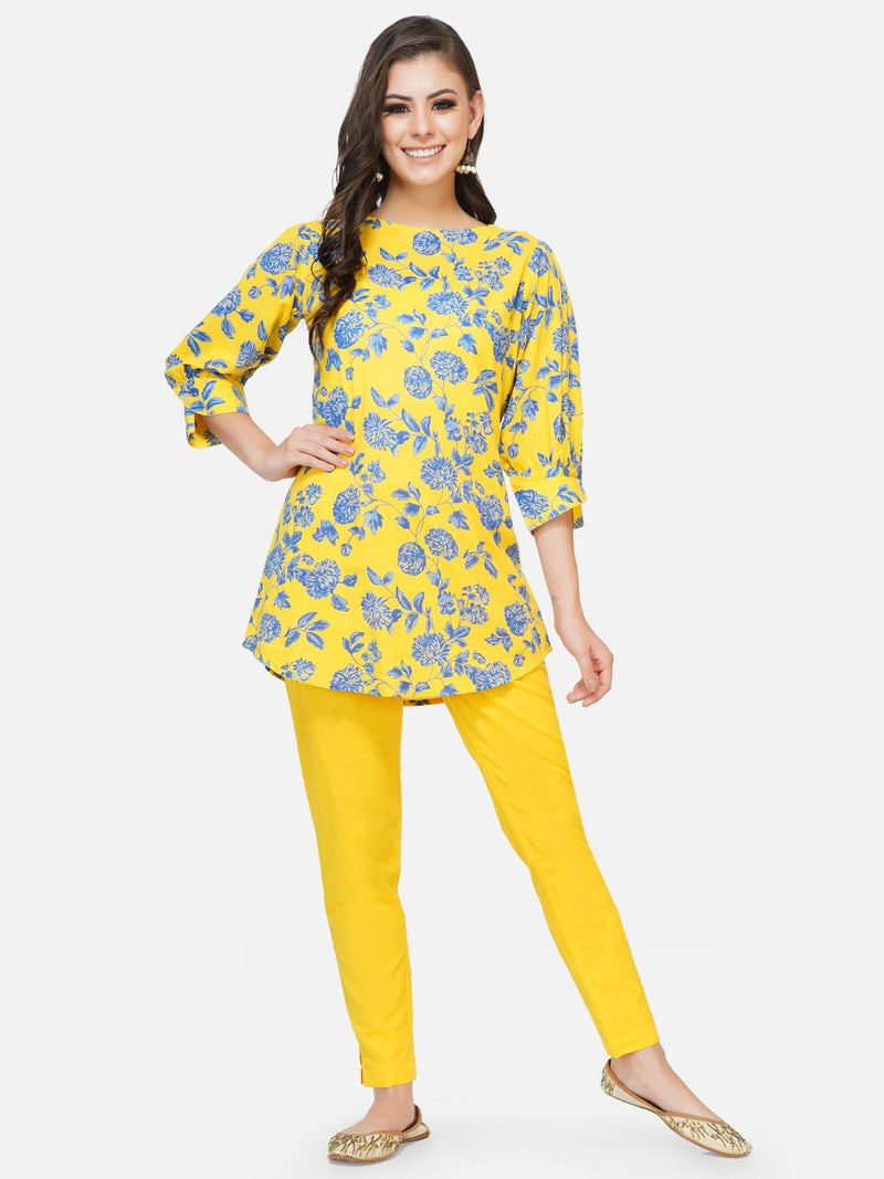 Cotton yellow printed tunic with stylised sleeves-Tunic-Fabnest