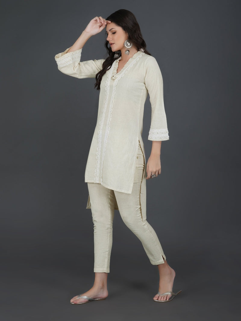 Set of off white cotton flex high low kurta set pleats and lace work w –  Fabnest