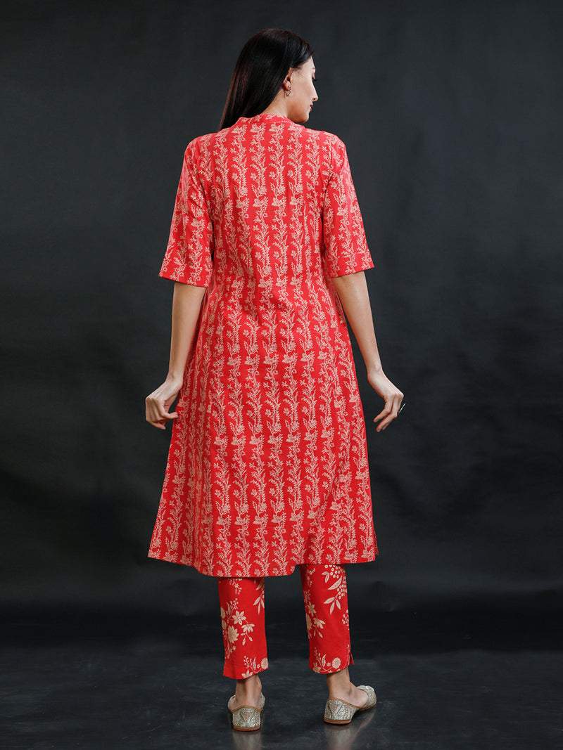 Red Cotton Discharge Printed A Line Kurta And Pant Set-Full Set-Fabnest