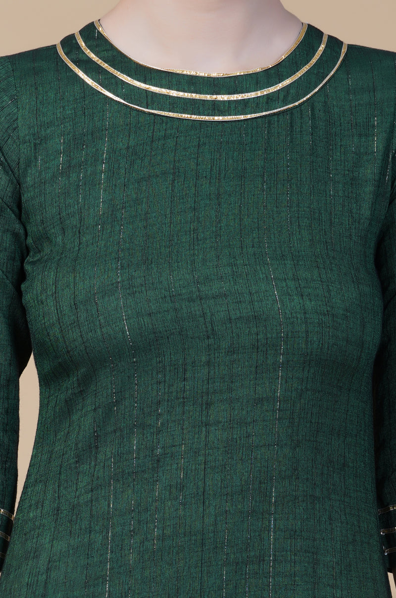 Green linen cotton self design lurex high low frilled kurta with petal pants-Kurta Set-Fabnest