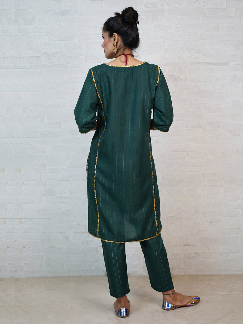 Dark green cotton blend lurex loose fit straight kurta with gota inserts paired with straight pants-Full Sets-Fabnest