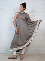 Grey cotton blend lurex, one side sleeve less, the other side circular kaftaan with lace at hem. kurta Only-Kurta-Fabnest