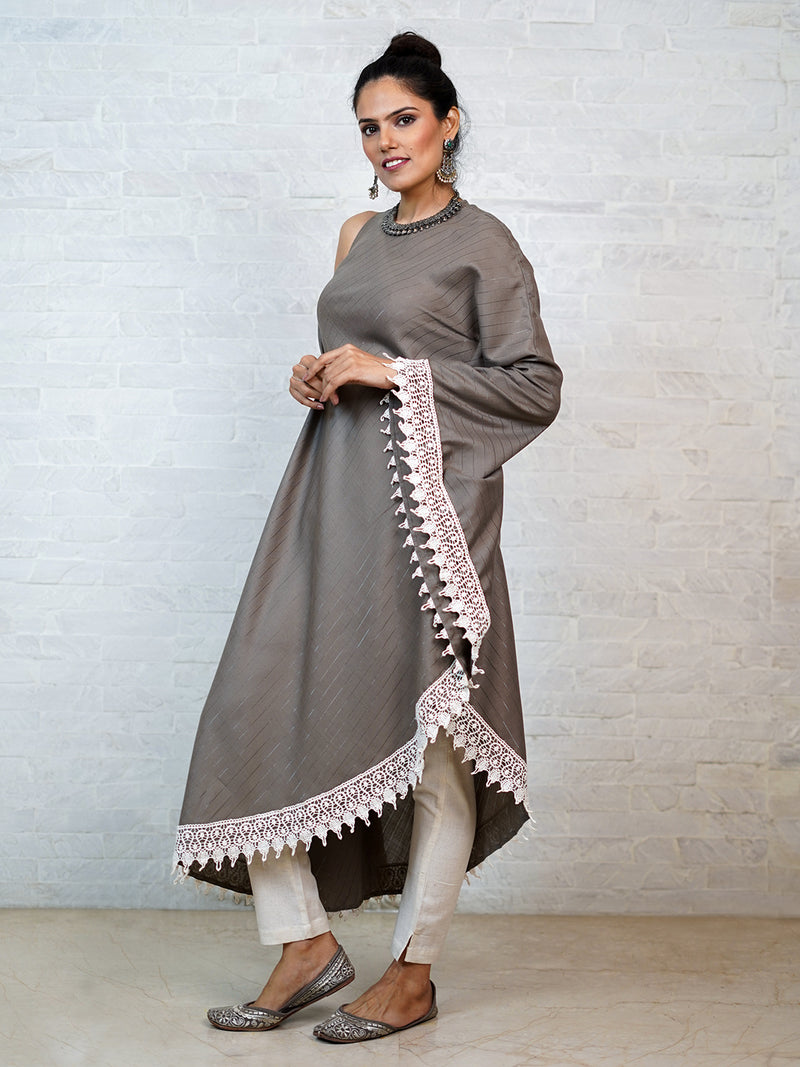 Grey cotton blend lurex, one side sleeve less, the other side circular kaftaan with lace at hem. kurta paired with straight pants-Full Sets-Fabnest