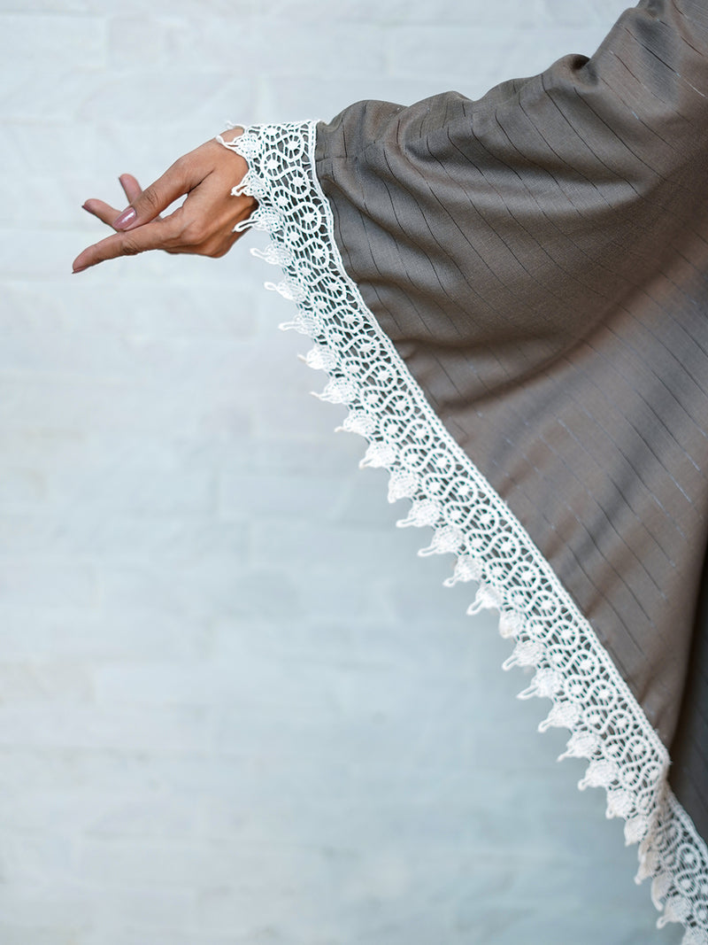 Grey cotton blend lurex, one side sleeve less, the other side circular kaftaan with lace at hem. kurta paired with straight pants-Full Sets-Fabnest