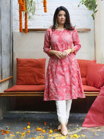 Pink Cotton Print Aline Kurta With Gota and Off-White Lace Flex Pant 2 pc Set (Without Dupatta)