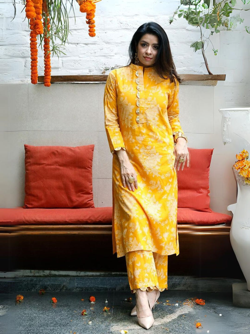 Yellow Cotton Print Aline Kurta with Gota Embellished Pant 2 pc Set (without Dupatta)