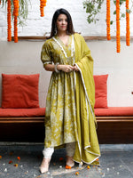 Cotton Green Print Kurta, Puff Sleeves and Gota Details with Offwhite Flex Pant 3 pc Set with Dupatta