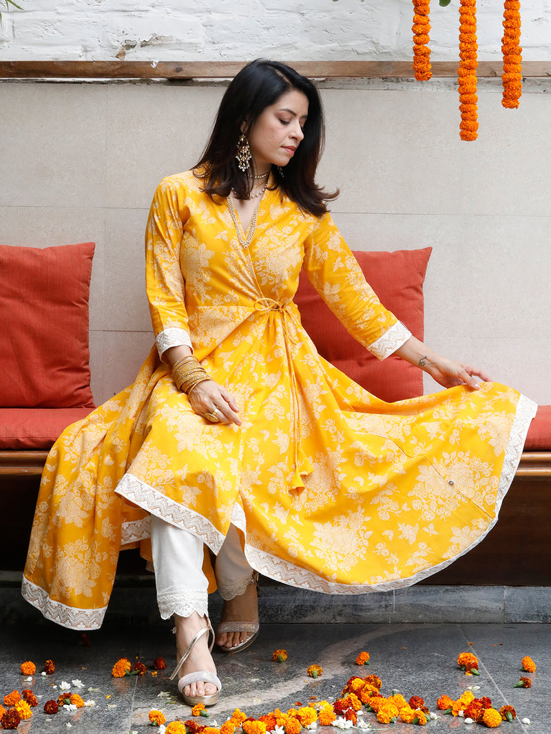 Yellow Khadi Print Asymmetrical Angarkha Kurta and Off White Flex Pant 3 pc Set With Dupatta