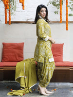 Green Cotton Print 2 pc Set of Salwar and Short Kurta Embellished With Laces (Without Dupatta)