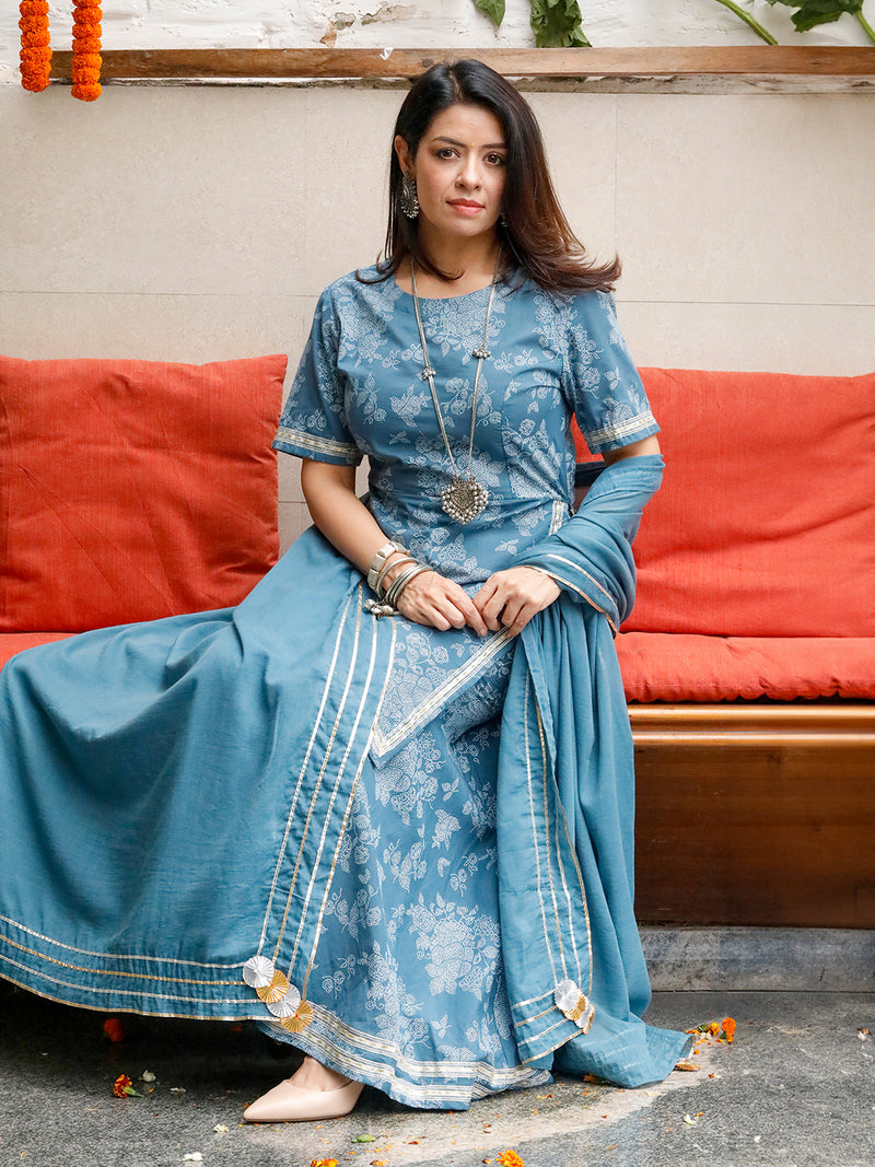 Blue Cotton Khadi Print Sharara Set With Gota Details. ,With Solid Dupatta