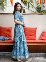 Blue Cotton Khadi Print Sharara 2 pc Set With Gotawork (Without Dupatta)