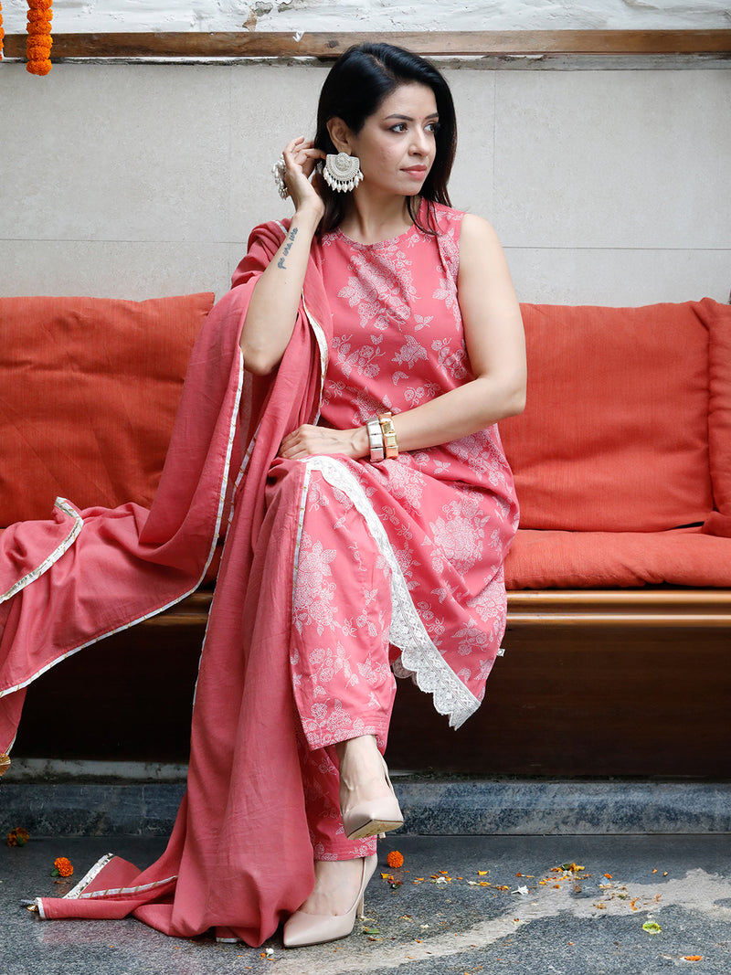 Pink Cotton Print Sleeveless Aline Lacework Kurta and Salwar 3 pc Set With Dupatta