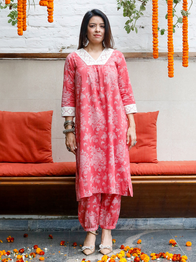 Pink Cotton Print Kurta and Harem Pant 3 pc Set With Dupatta
